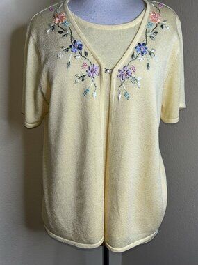 Summer Yellow Cardigan Top Womens XL Sag Harbor Spring Flowers in Ribbon Vtg